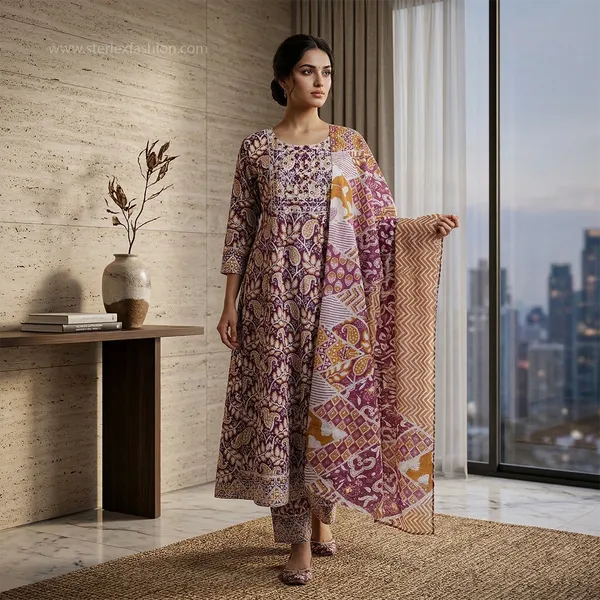 Plum_Beige_Heritage_Printed_Cotton_Suit_Set