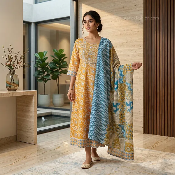 Sunshine_Mustard_Teal_Printed_Cotton_Anarkali_Set