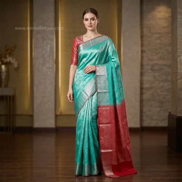 Aqua_Green_Soft_Silk_Saree_With_Silver_Zari_Border