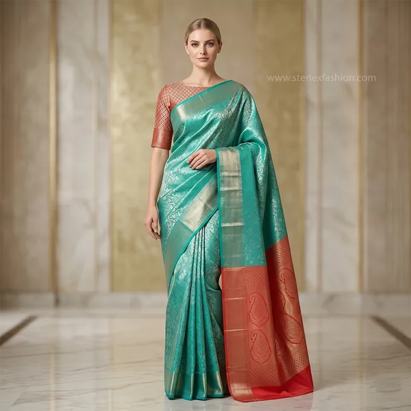 Sea_Green_Banarasi_Silk_Saree_With_Contrast_Red_Pallu
