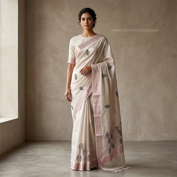 Ivory_Handcrafted_Leaf_Motif_Linen_Saree