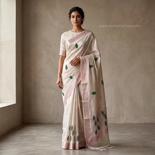 Ivory_Handcrafted_Leaf_Motif_Linen_Saree