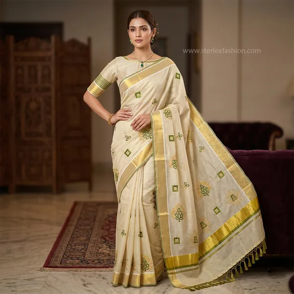 Kerala_Style_Ivory_Embroidered_Saree_With_Zari_Border