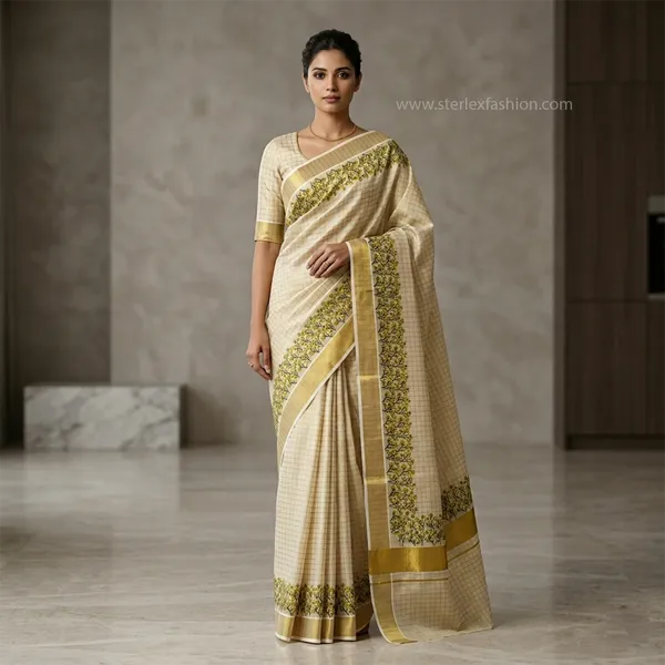 Ivory_Floral_Checks_Border_Saree