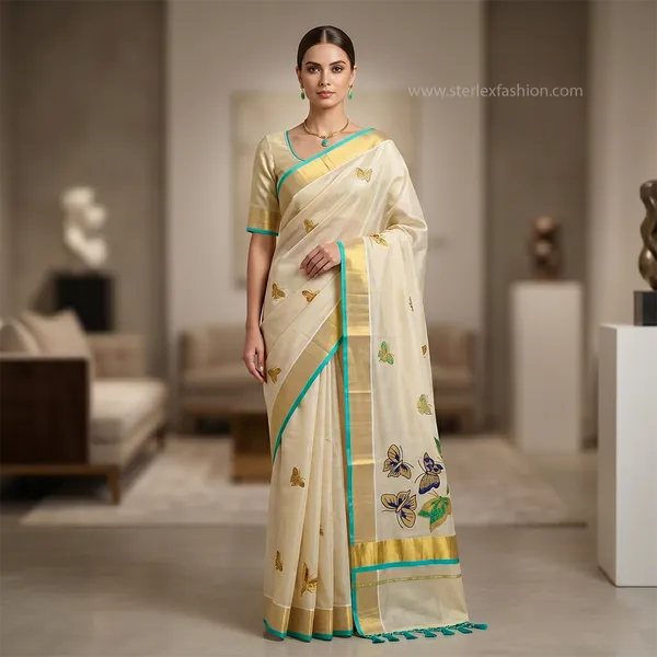 Mayura_Teal_Butterfly_Kasavu_Saree