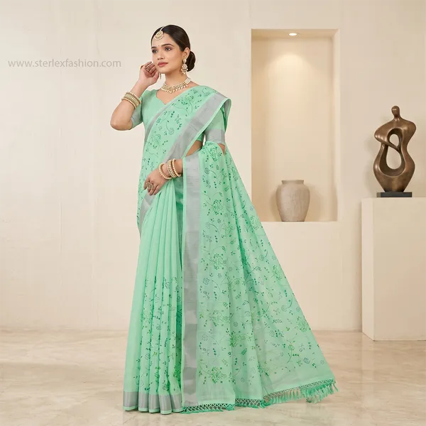 Mint_Flora_Silver_Border_Linen_Saree