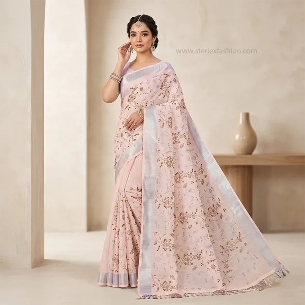 Blush_Flora_Silver_Border_Linen_Saree