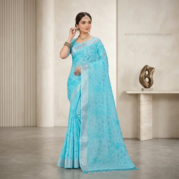 Aqua_Bloom_Silver_Border_Linen_Saree