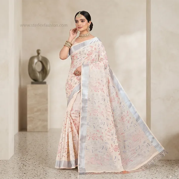 Ivory_Blossom_Silver_Border_Linen_Saree