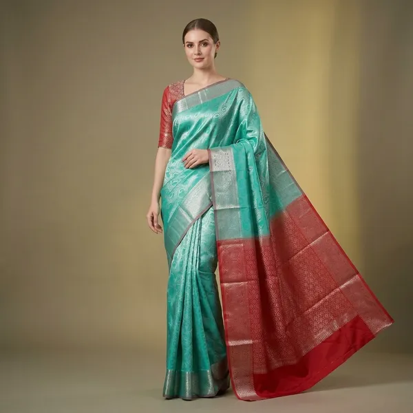 Aqua_Green_Soft_Silk_Saree_With_Silver_Zari_Border