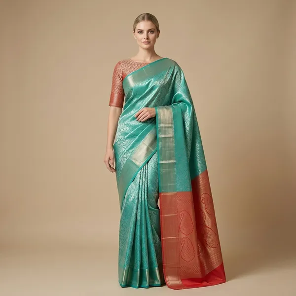 Sea_Green_Banarasi_Silk_Saree_With_Contrast_Red_Pallu