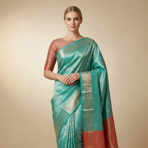 Sea_Green_Banarasi_Silk_Saree_With_Contrast_Red_Pallu