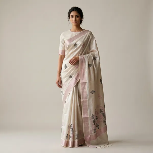 Ivory_Handcrafted_Leaf_Motif_Linen_Saree