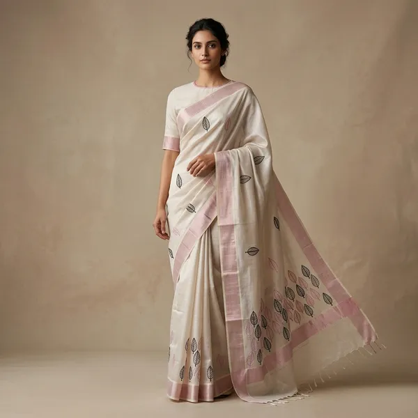 Ivory_Handcrafted_Leaf_Motif_Linen_Saree