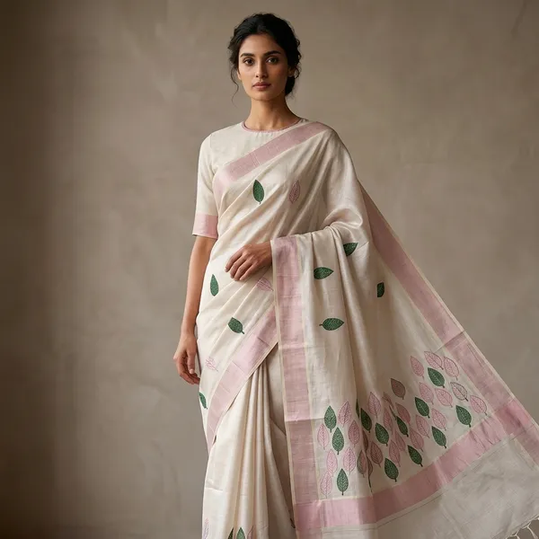 Ivory_Handcrafted_Leaf_Motif_Linen_Saree