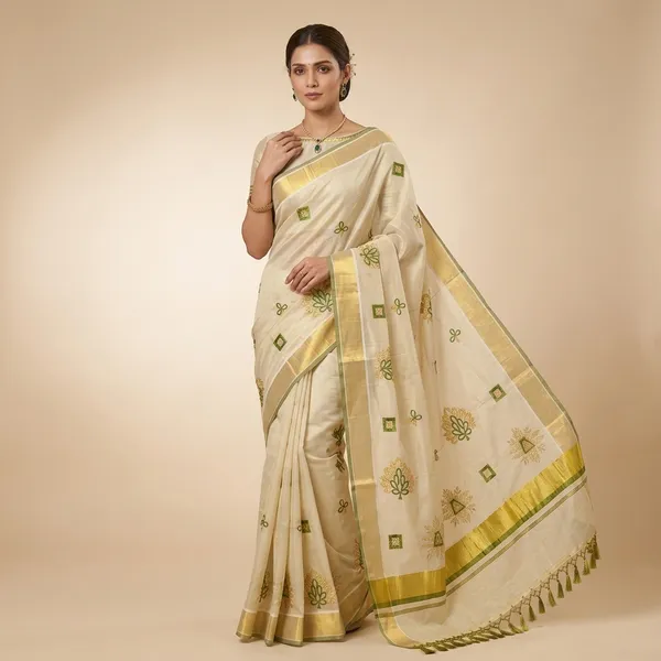 Kerala_Style_Ivory_Embroidered_Saree_With_Zari_Border