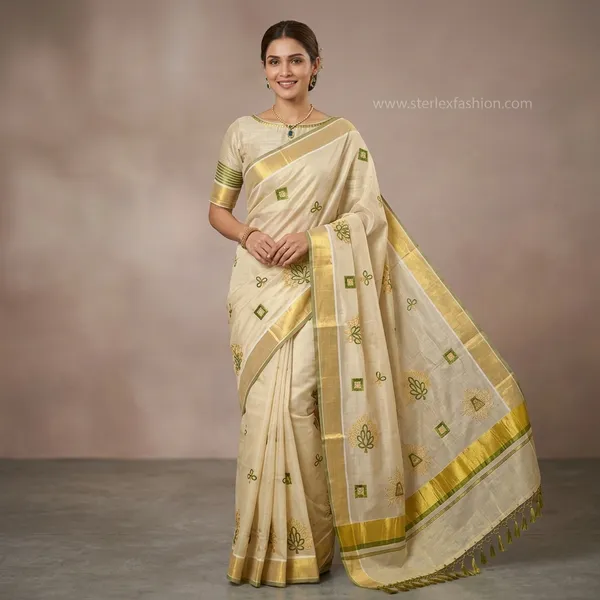 Kerala_Style_Ivory_Embroidered_Saree_With_Zari_Border