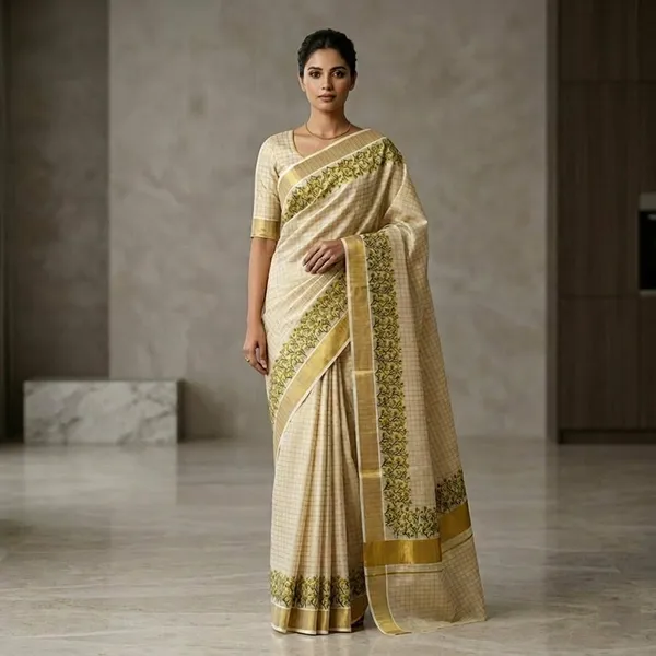 Ivory_Floral_Checks_Border_Saree