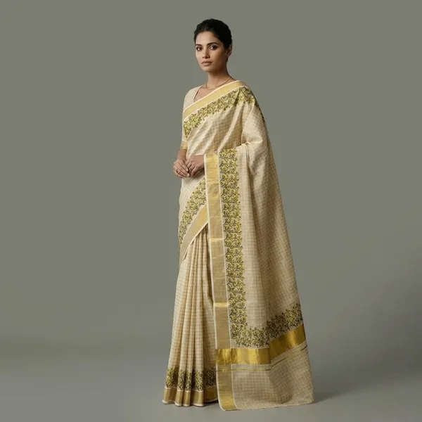 Ivory_Floral_Checks_Border_Saree