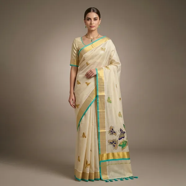 Mayura_Teal_Butterfly_Kasavu_Saree