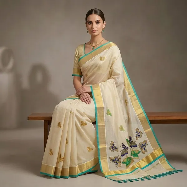 Mayura_Teal_Butterfly_Kasavu_Saree