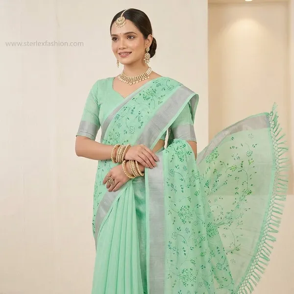 Mint_Flora_Silver_Border_Linen_Saree