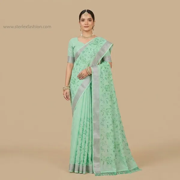 Mint_Flora_Silver_Border_Linen_Saree