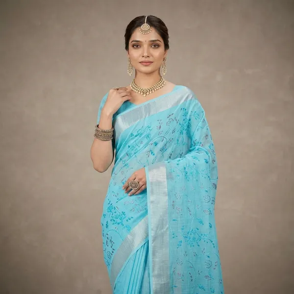 Aqua_Bloom_Silver_Border_Linen_Saree