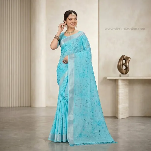 Aqua_Bloom_Silver_Border_Linen_Saree