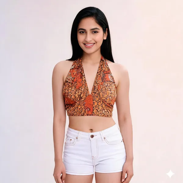 Orange_Soft_Silk_Wrap_Fit_Halter_Crop_Top_For_Women