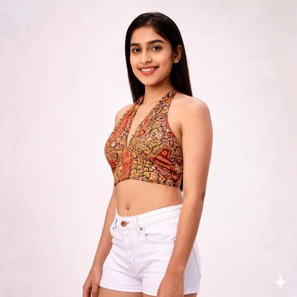 Orange_Soft_Silk_Wrap_Fit_Halter_Crop_Top_For_Women