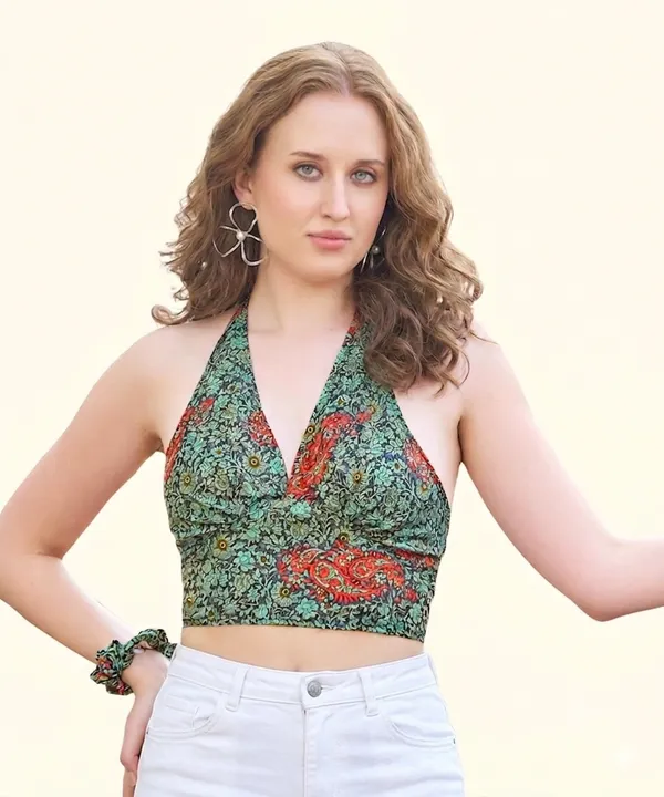 Green_Soft_Silk_Wrap_Fit_Halter_Crop_Top_For_Women