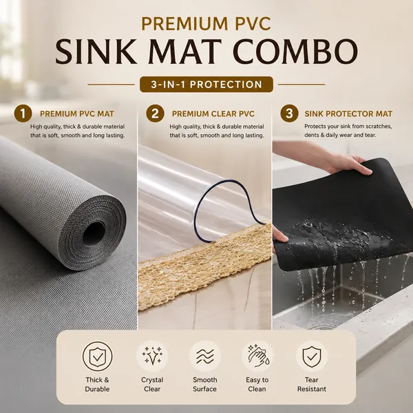 Home_Essentials_Triple_Combo_-_Grey_PVC_Anti_Slip_Mat_45x150cm_+_Kitchen_Sink_Mat_40x60cm_+_Clear_Table_Cover_with_Golden_and_Silver_Lace_40x60cm_|_Pack_of_3