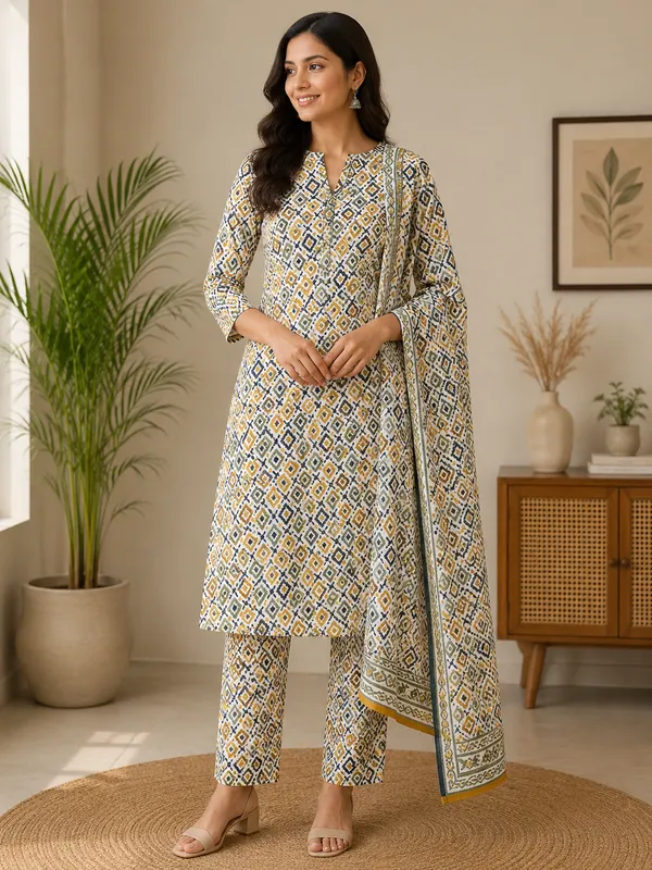 Mustard_Navy_Geometric_Printed_Kurta_Pant_Suit_Set_for_Women_(Unstitched)