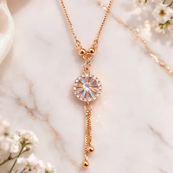 Korean_Style_Rose_Gold_Crystal_Solitaire_Y-Drop_Chain_With_Bead_Tassel
