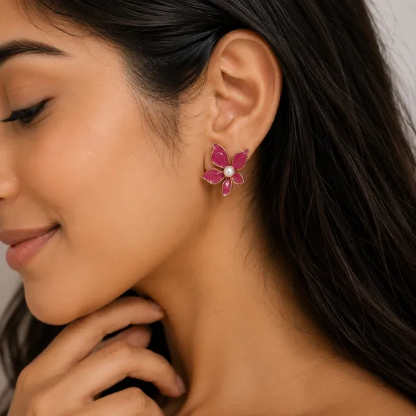 Korean_Style_Magenta_Enamel_Flower_Stud_Earrings_With_Pearl_Core