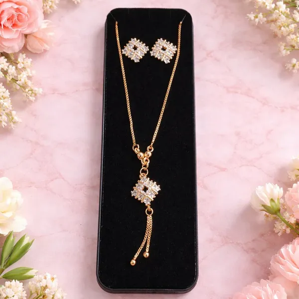 Women'S_Gold-Toned_Rhinestone_Square_Frame_Pendant_Necklace_And_Stud_Earrings_Set