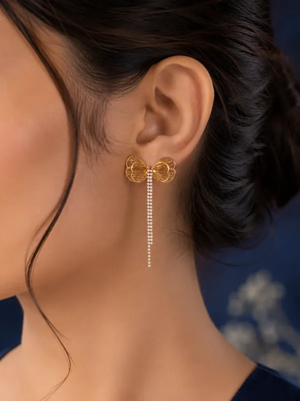 Designer_Textured_Butterfly_Wing_Earrings_With_Diamond_Line_Tassel_Drop