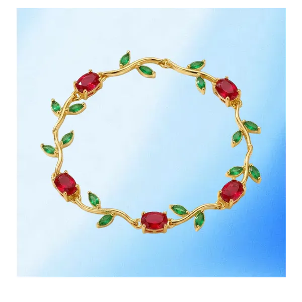 Korean_Style_Gold_Rose_Vine_Tennis_Bracelet_With_Crimson_And_Emerald_Cz_Stones