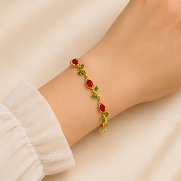 Korean_Style_Gold_Rose_Vine_Tennis_Bracelet_With_Crimson_And_Emerald_Cz_Stones