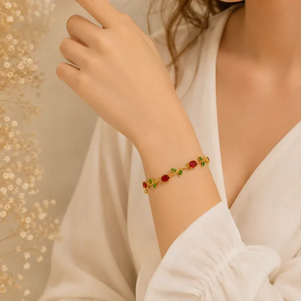Korean_Style_Gold_Rose_Vine_Tennis_Bracelet_With_Crimson_And_Emerald_Cz_Stones