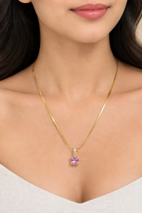 Rosé_Glow_Pink_Cushion_Pendant_Necklace_-_Gold_Snake_Chain