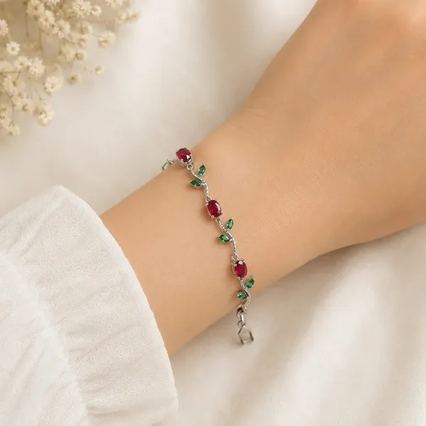 Korean_Style_Silver_Rose_Vine_Bracelet_With_Crimson_And_Emerald_Cz_Stones