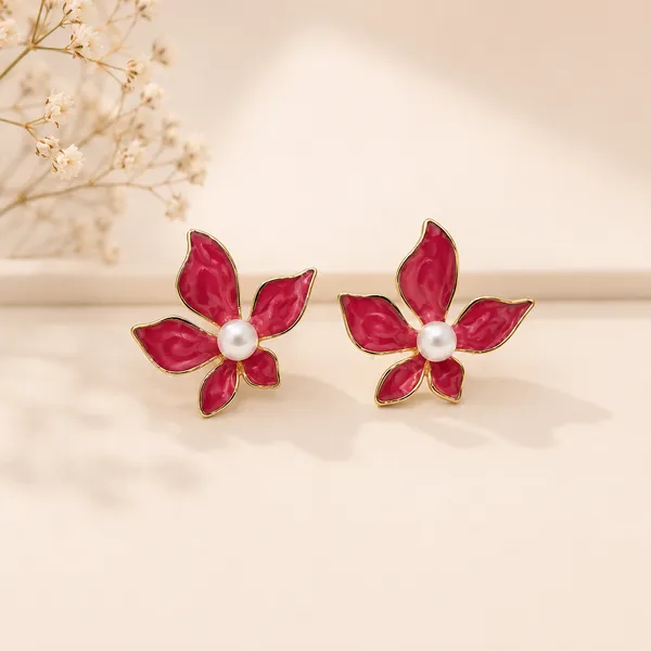 Korean_Style_Magenta_Enamel_Flower_Stud_Earrings_With_Pearl_Core
