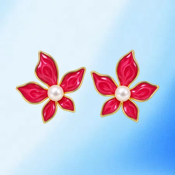 Korean_Style_Magenta_Enamel_Flower_Stud_Earrings_With_Pearl_Core