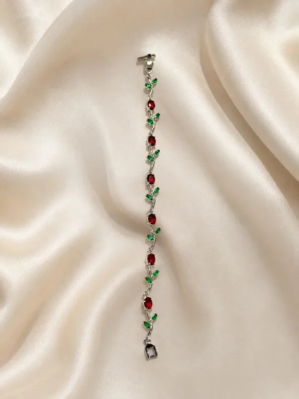 Korean_Style_Silver_Rose_Vine_Bracelet_With_Crimson_And_Emerald_Cz_Stones