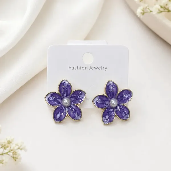 Korean_Style_Purple_Marbled_Enamel_Flower_Stud_Earrings_With_Pearl_Core