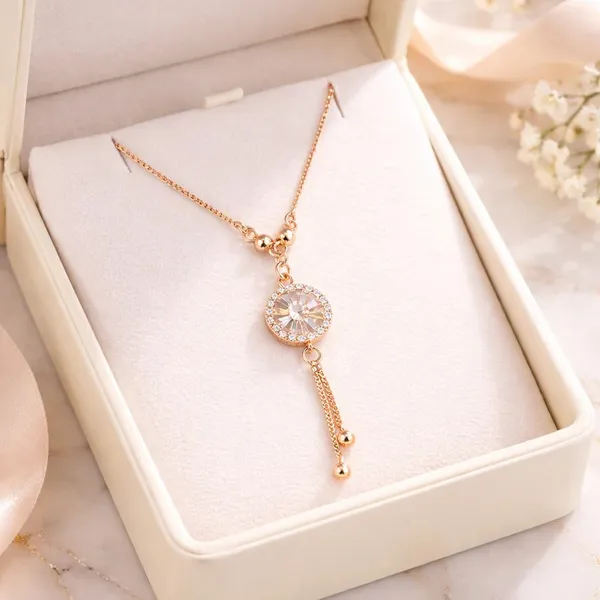 Korean_Style_Rose_Gold_Crystal_Solitaire_Y-Drop_Chain_With_Bead_Tassel