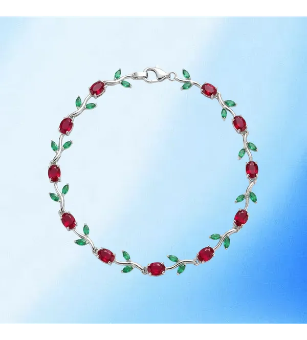 Korean_Style_Silver_Rose_Vine_Bracelet_With_Crimson_And_Emerald_Cz_Stones