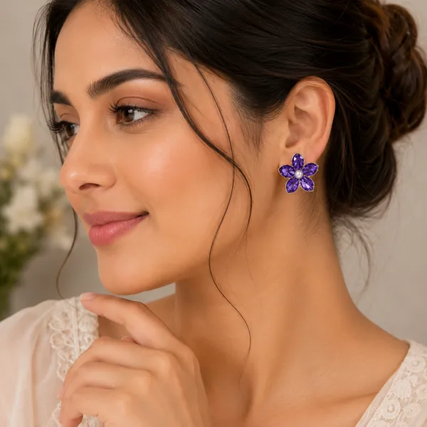 Korean_Style_Purple_Marbled_Enamel_Flower_Stud_Earrings_With_Pearl_Core